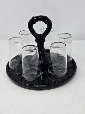 Vtg LE Smith 1930s‎ black amethyst glass cordial serving tray caddy w/6 glasses